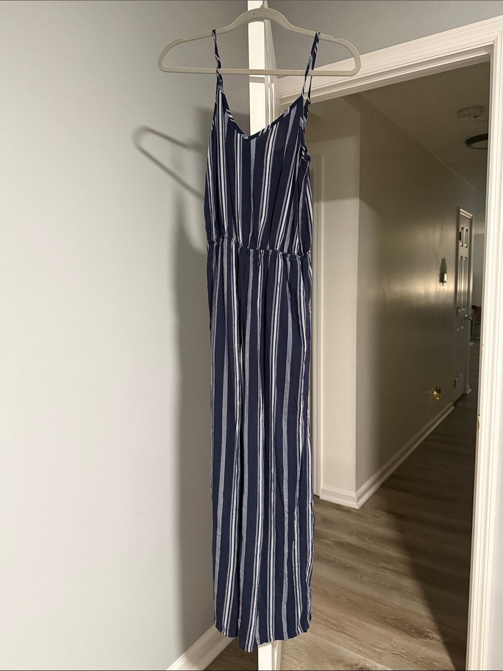 Mimi Chica Navy and White Striped Spaghetti Strap Jumpsuit